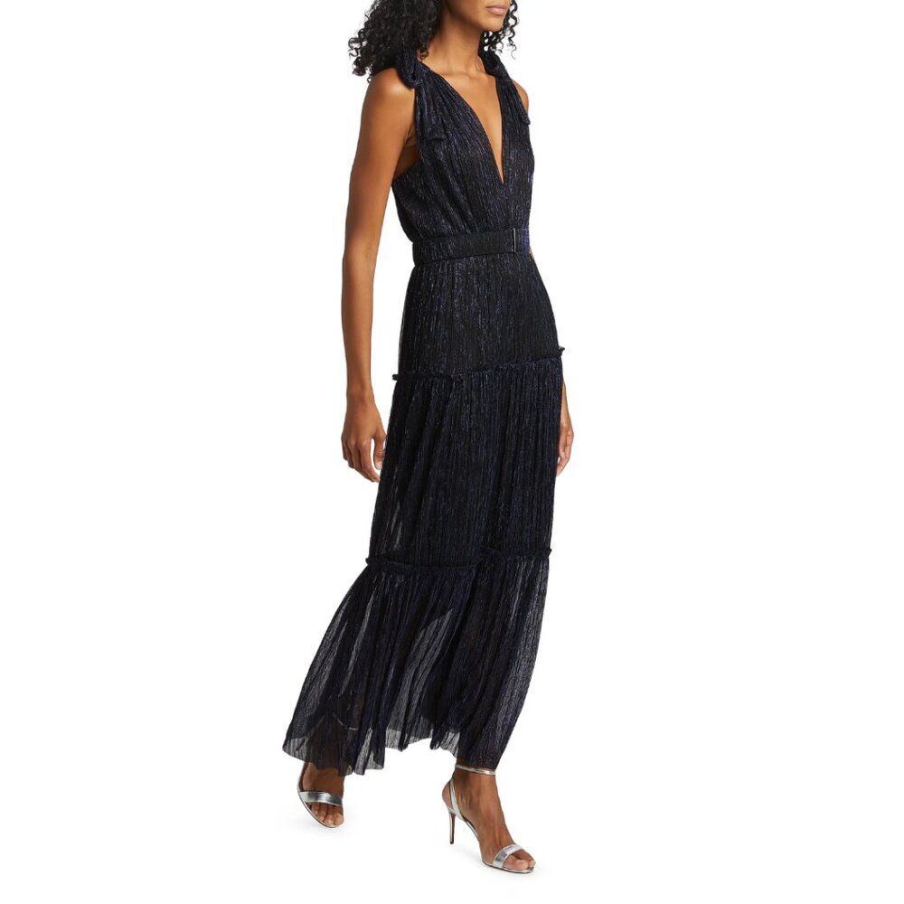 Sabina Musayev Helena Metallic Tiered Maxi Dress Navy Blue Size Large Glam Party